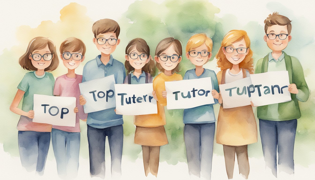 A group of eight math tutors stand in a row, each holding a sign with their name and the words "Top Private Tutor for Math."