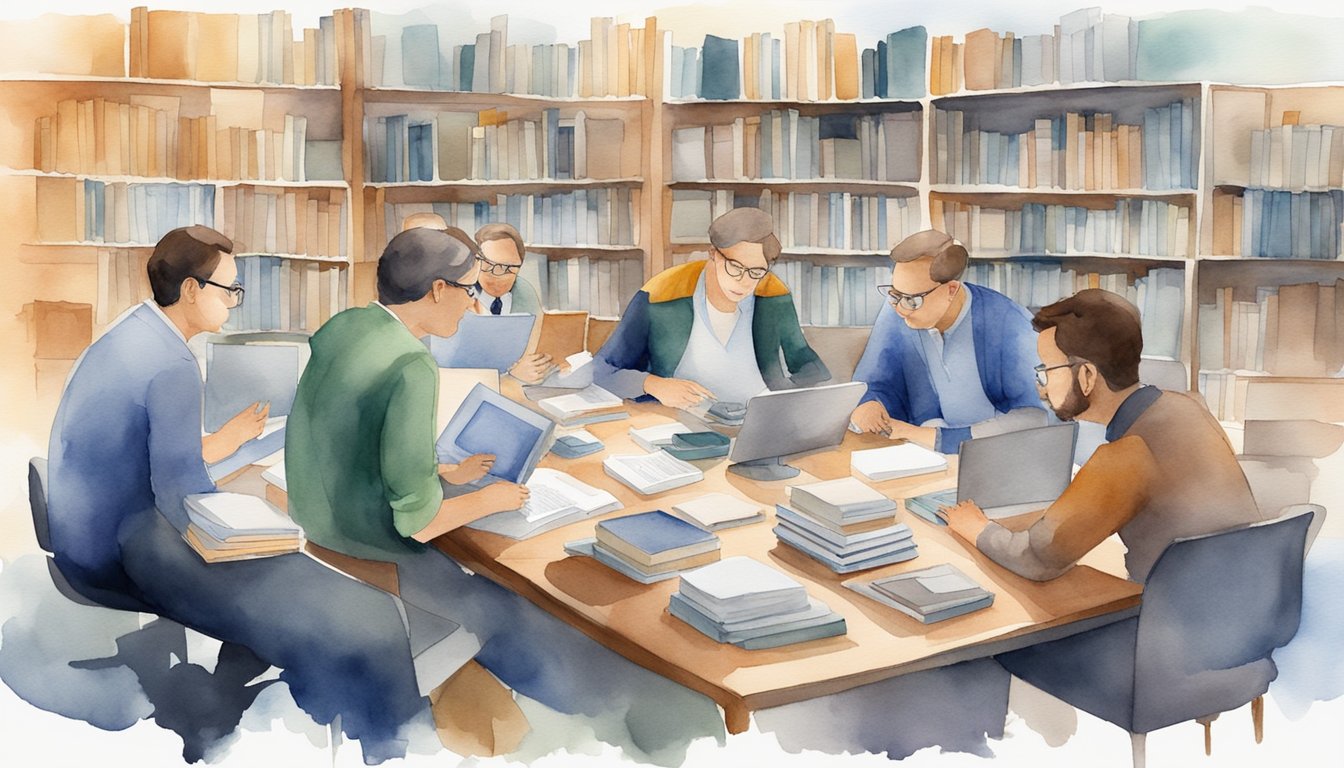 A group of researchers discuss and exchange ideas in a collaborative setting, surrounded by books, computers, and research materials