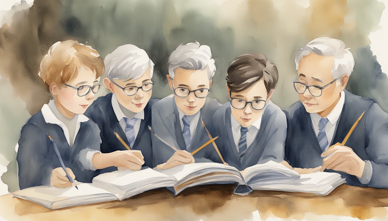 A group of eight top private tutors for math stand together, each holding a textbook and pointing to a different problem on the page