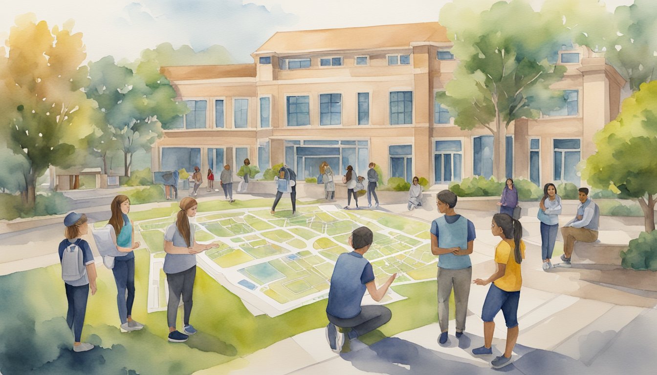 A group of students gather around a campus map, pointing to different buildings and resources.</p><p>They are engaged in conversation, exchanging contact information and discussing ways to collaborate and support each other