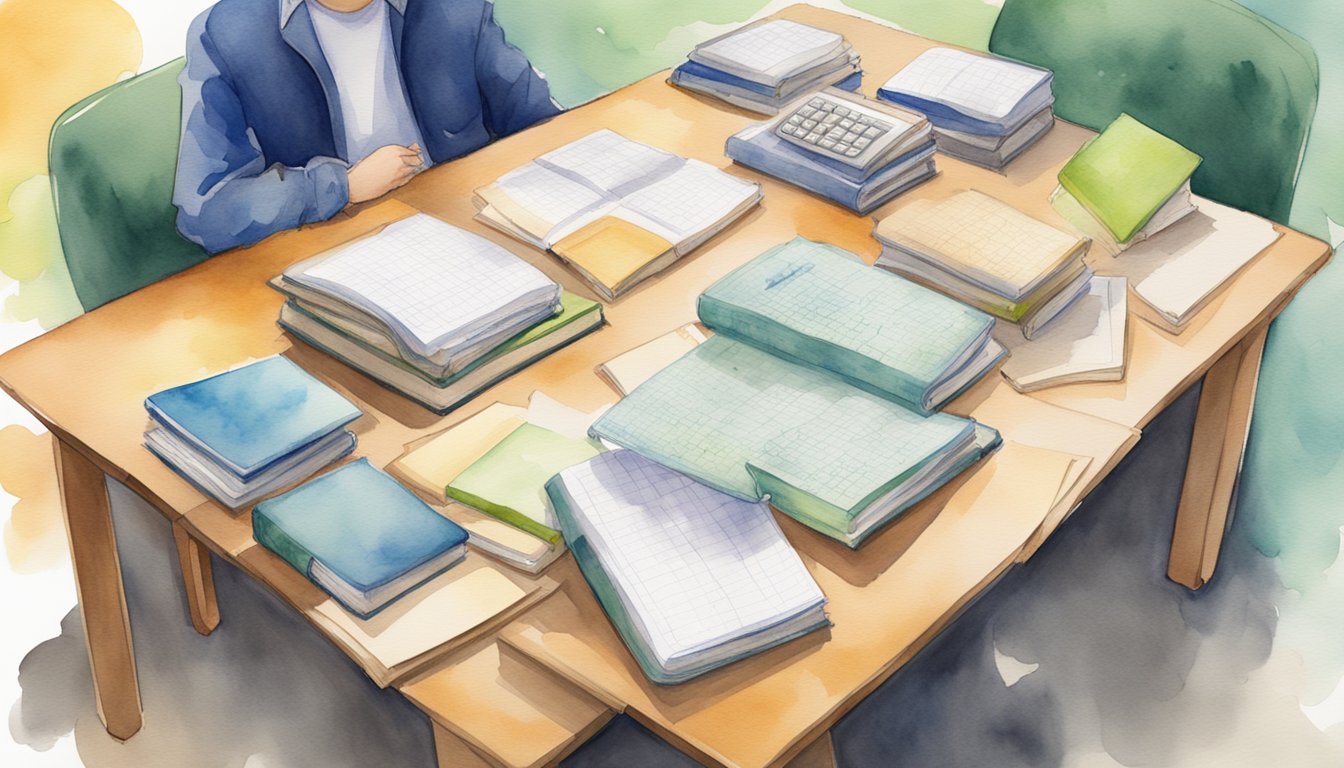 A table with 8 math textbooks, each labeled with a different tutor's name.</p><p>A ruler and calculator sit nearby.</p><p>A thought bubble above the table shows a student pondering their decision