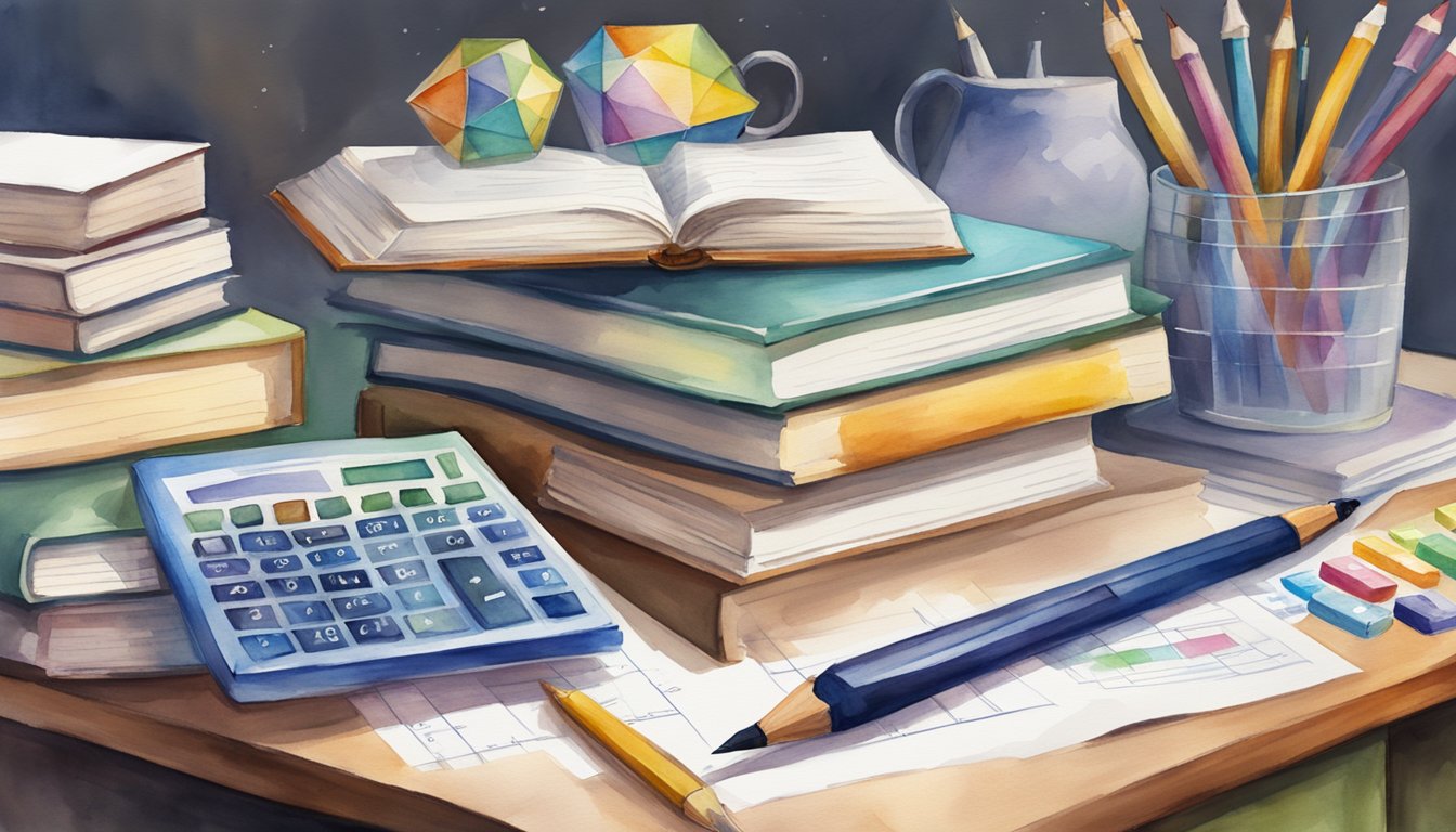 A stack of math textbooks surrounded by various math resources and a list of top private tutors for math