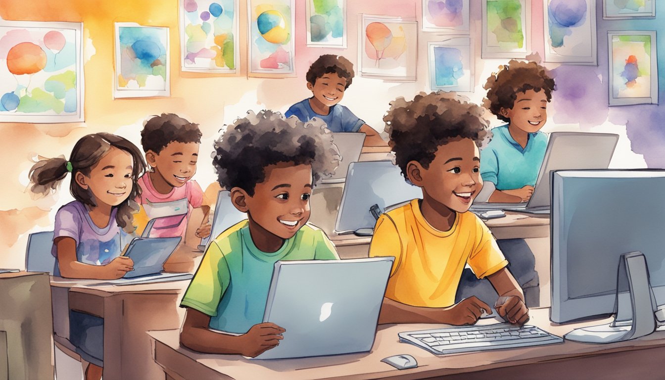 A group of kids sit at their computers, drawing digital cartoons and comics.</p><p>They are engaged and excited, with colorful artwork displayed on their screens