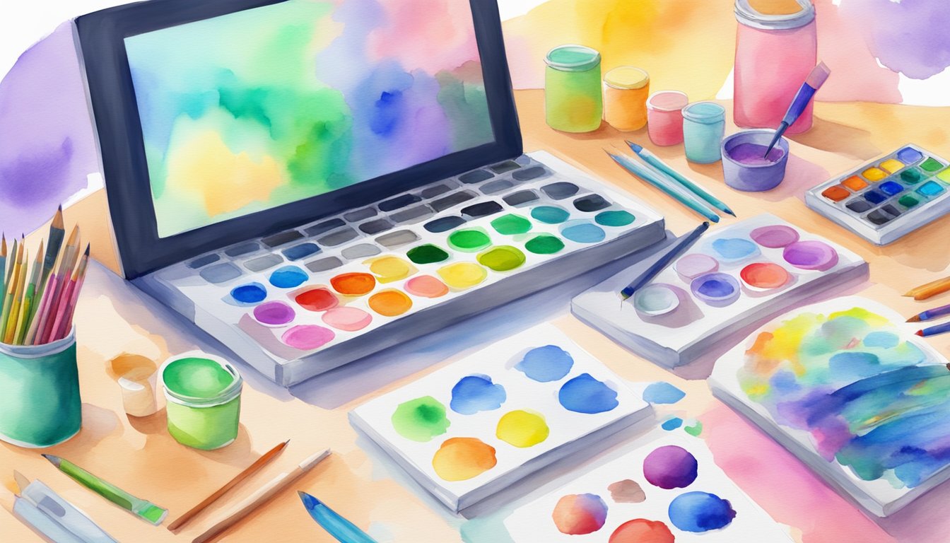 A colorful digital canvas with various art supplies scattered around.</p><p>A computer screen displays a virtual art class for kids, showcasing different mixed media techniques