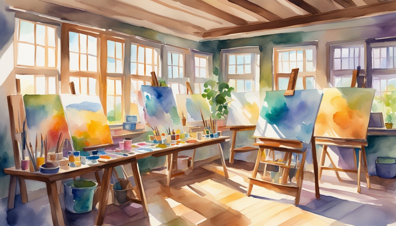 A colorful art studio with easels, paintbrushes, and canvases.</p><p>Bright sunlight streams in through large windows, illuminating the vibrant artwork adorning the walls