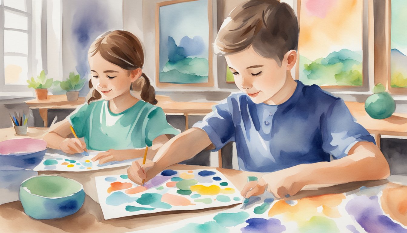 A colorful virtual classroom with kids exploring art history through interactive activities and engaging online lessons