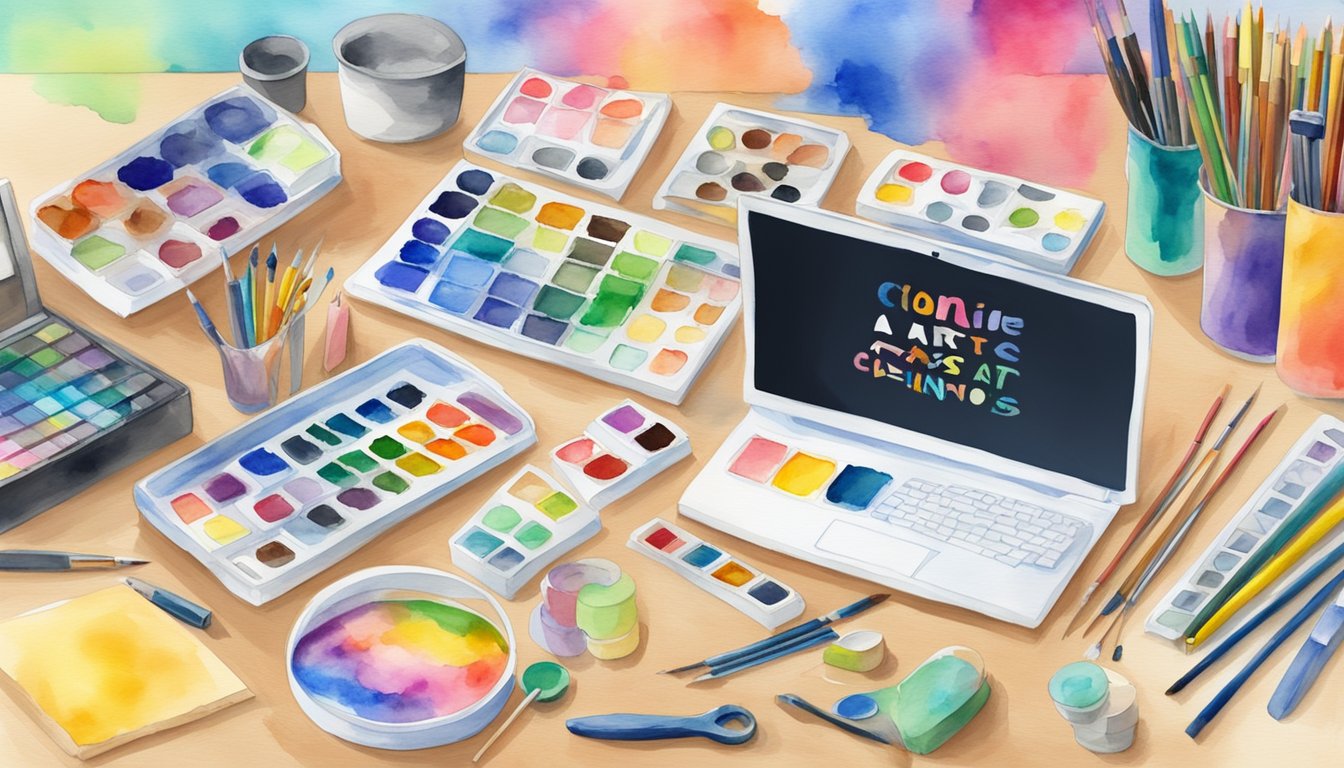 A colorful array of art supplies and tools spread out on a table, with a computer or tablet displaying various online art class options for kids