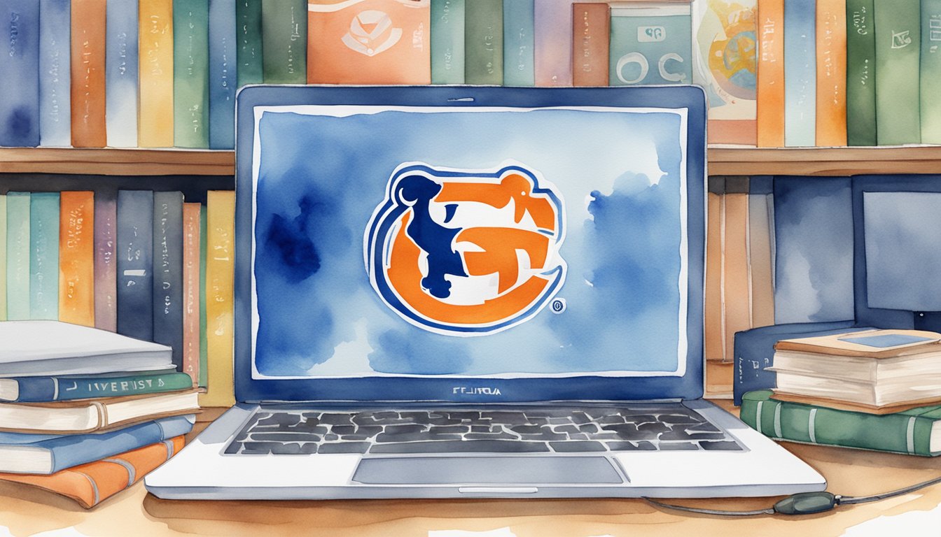 A laptop displaying the University of Florida's logo surrounded by technology-related books and gadgets