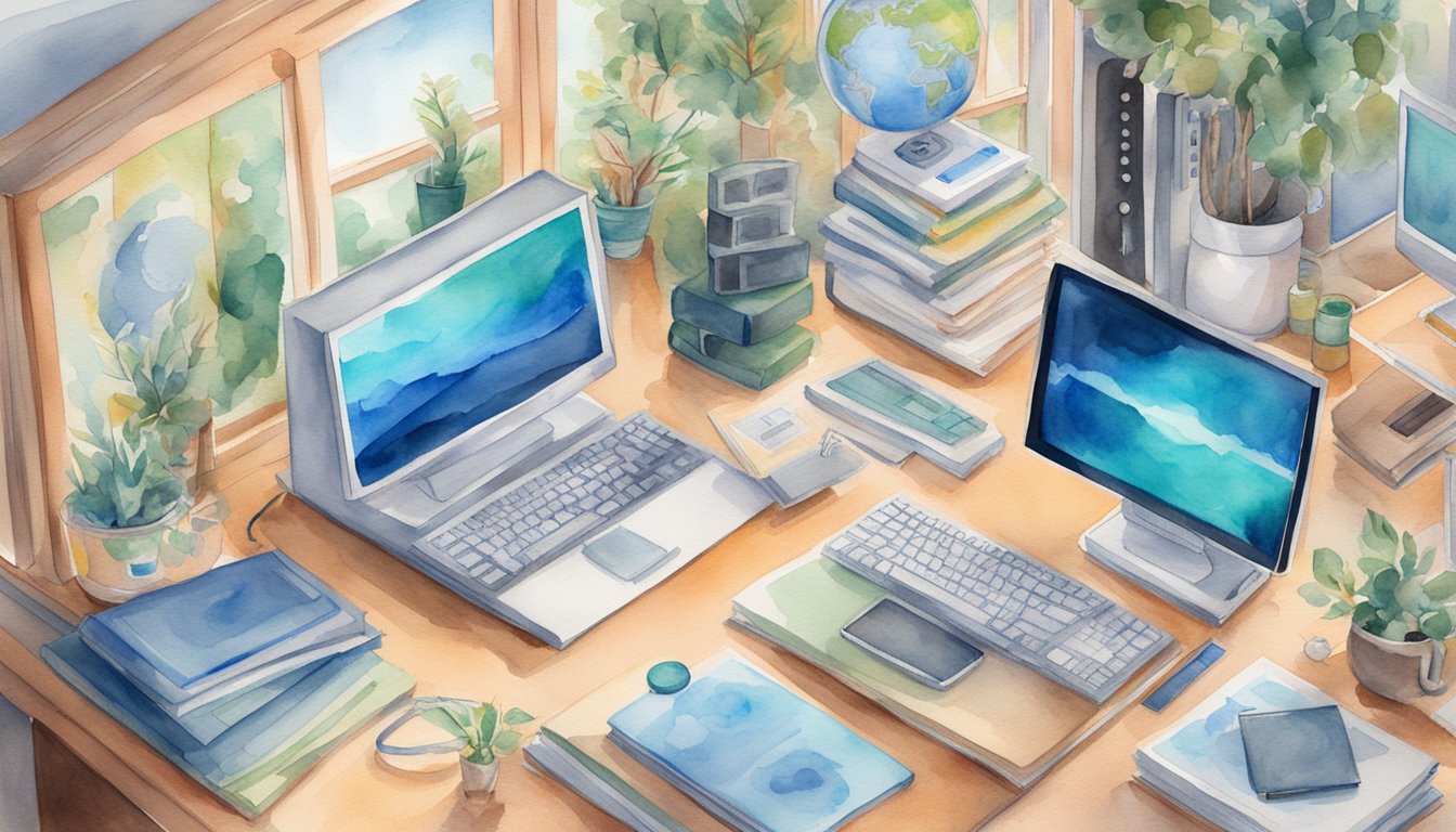 A computer with multiple screens displaying technology-related subjects and logos, surrounded by books and educational materials