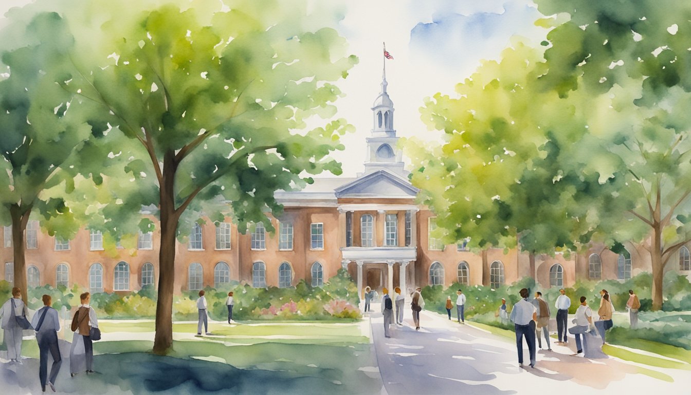 A group of professionals engage in leadership development activities at Harvard University, surrounded by academic buildings and lush greenery