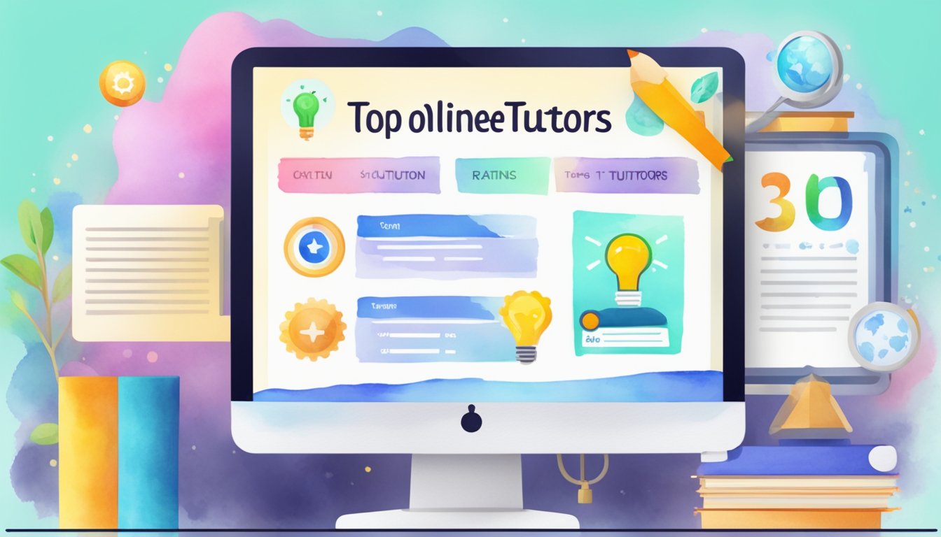 A computer screen displaying a list of top online science tutors on Tutor.com with colorful subject icons and ratings