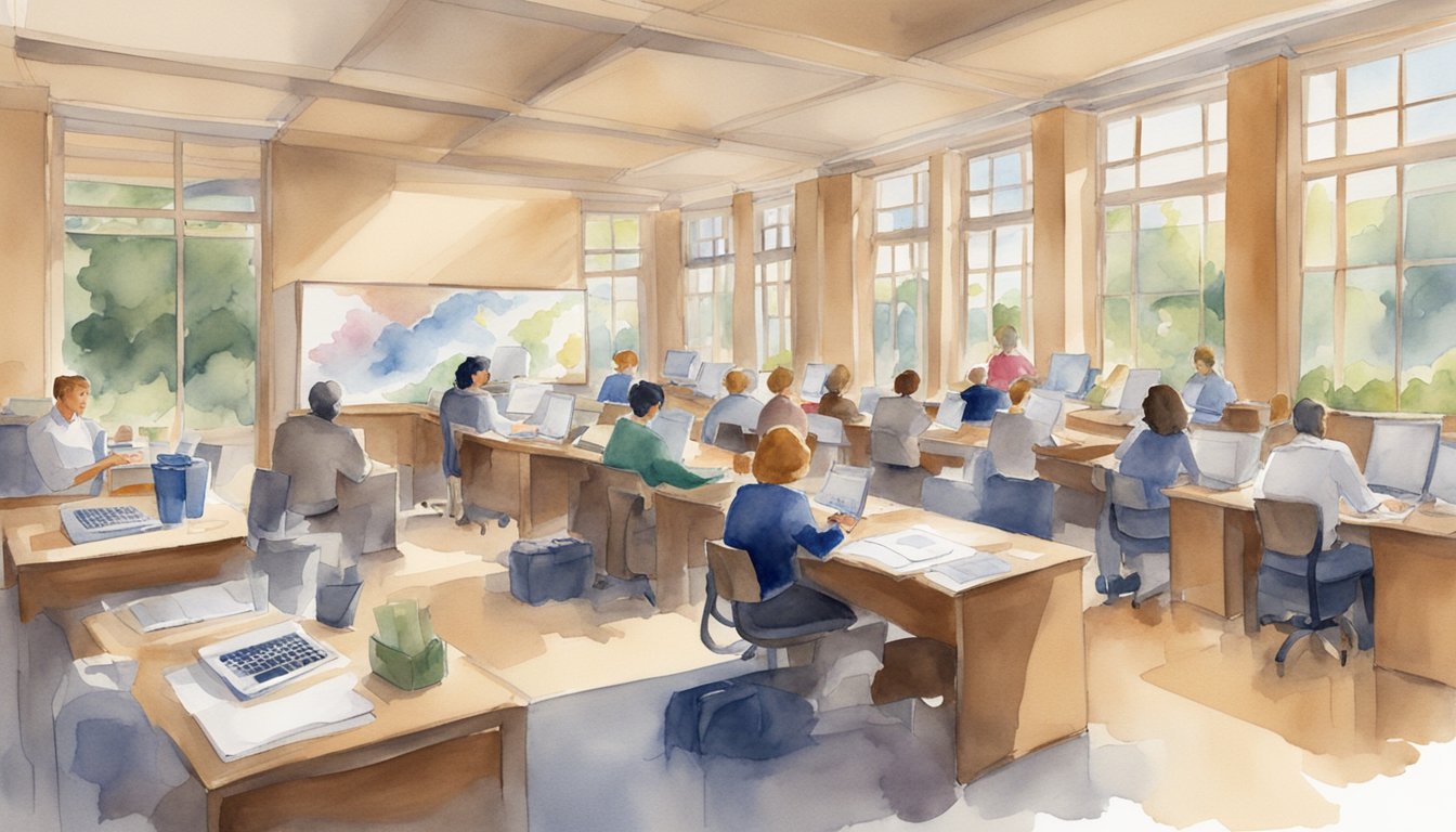 A classroom at Stanford's Continuing Education center, with financial management materials and professionals engaged in learning