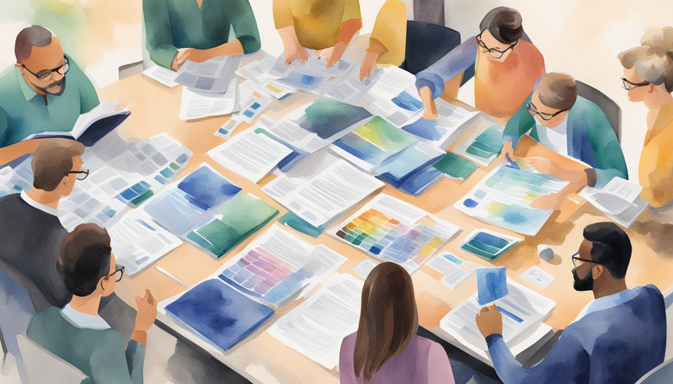 A group of professionals browsing through a variety of continuing education program options, with pamphlets and brochures spread out on a table