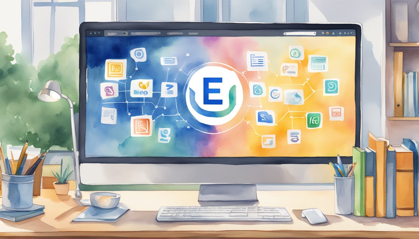 A computer screen displaying 9 e-learning platform logos, with a Coursera logo at the center.</p><p>Books and a desk lamp in the background