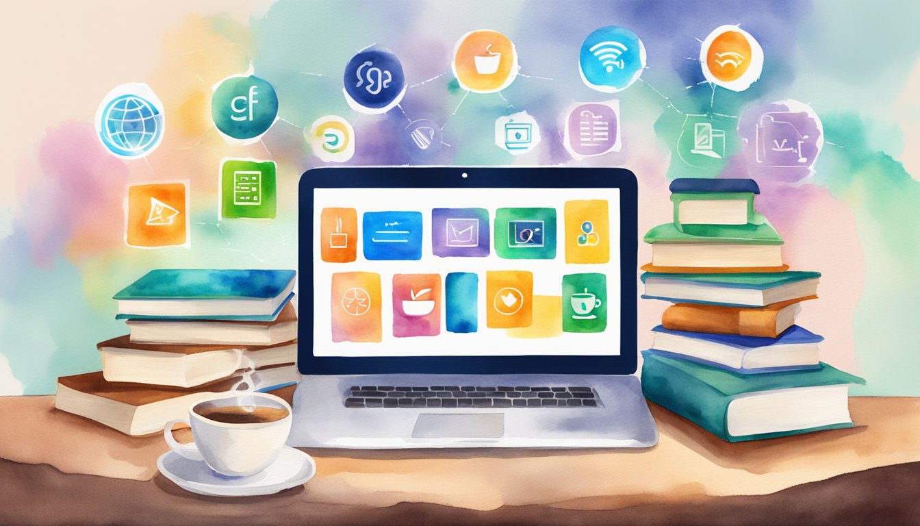 A computer screen displaying 9 e-learning platform logos, surrounded by books and a cup of coffee