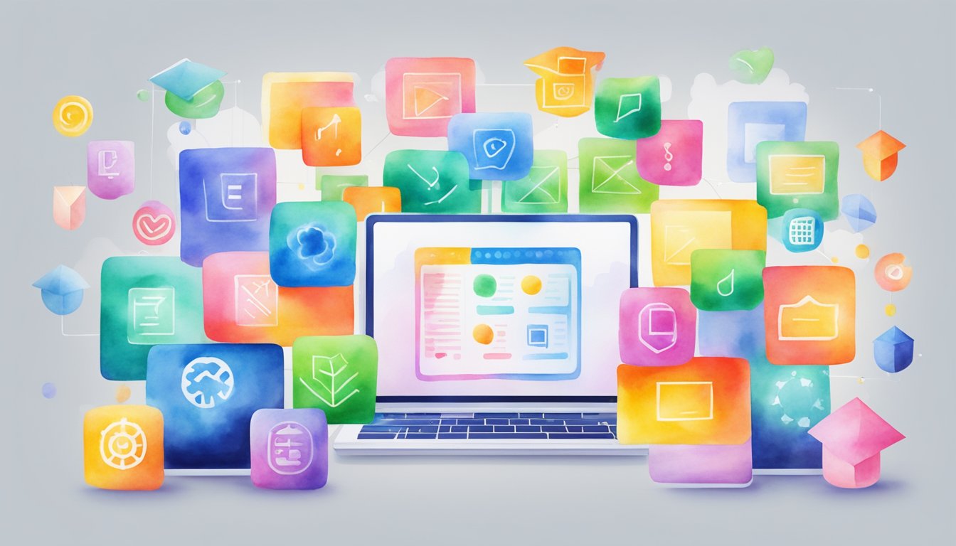 A computer screen with 9 colorful icons representing different e-learning platforms for continuing education