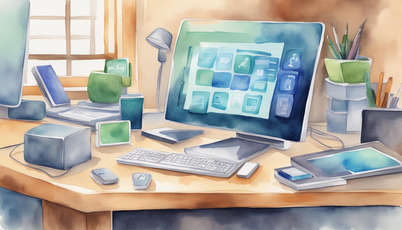 A desk with 9 different electronic devices displaying various e-learning platforms.</p><p>Each device has a different logo and interface, representing the options for continuing education