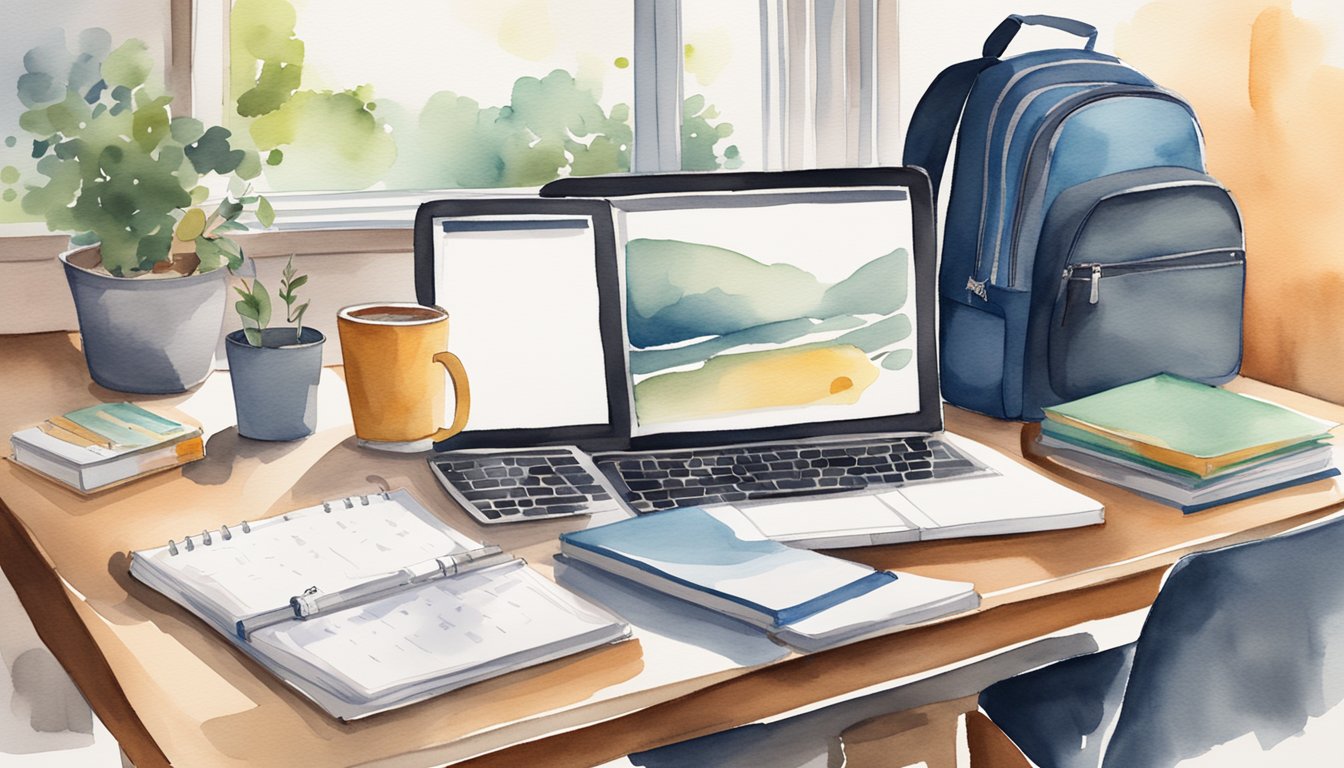 A laptop open on a kitchen table, a calendar with dates circled, a child's backpack on the floor, and a stack of textbooks next to a cup of coffee