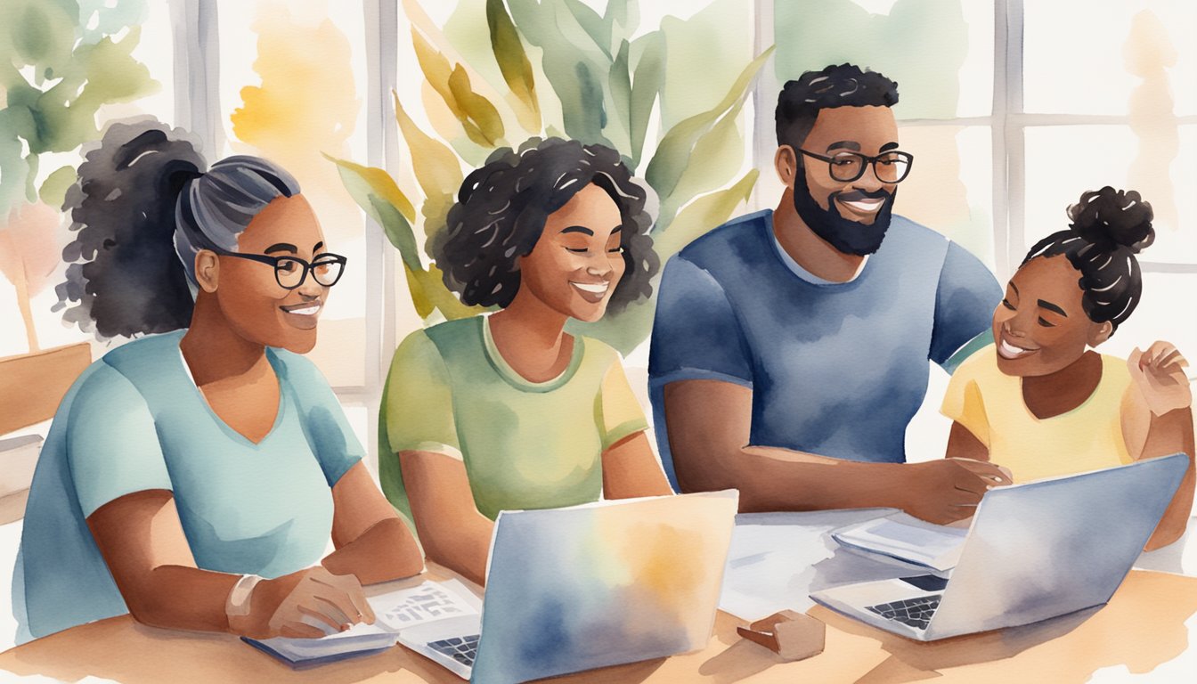 A group of diverse individuals engage in virtual discussions and study sessions, offering encouragement and assistance to single parents pursuing online college programs