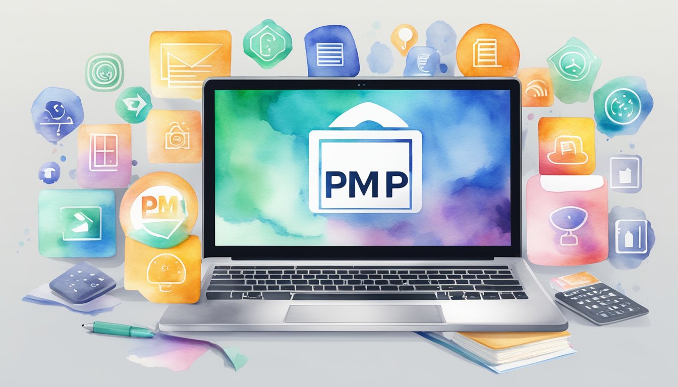 A laptop displaying PMP certification logo surrounded by 9 online course icons for IT professionals