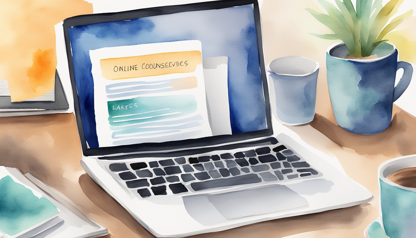 A laptop displaying "Online Counseling Services" and "9 Online College Programs for Single Parents" on a desk with a cup of coffee