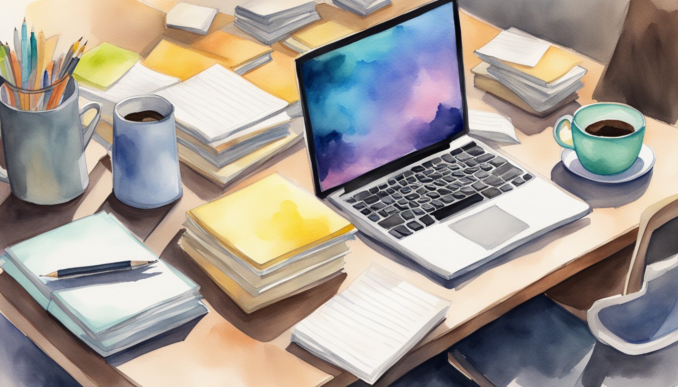 A computer desk with open textbooks, a laptop, and notes.</p><p>A mug of coffee sits nearby.</p><p>Post-it notes with study reminders cover the wall