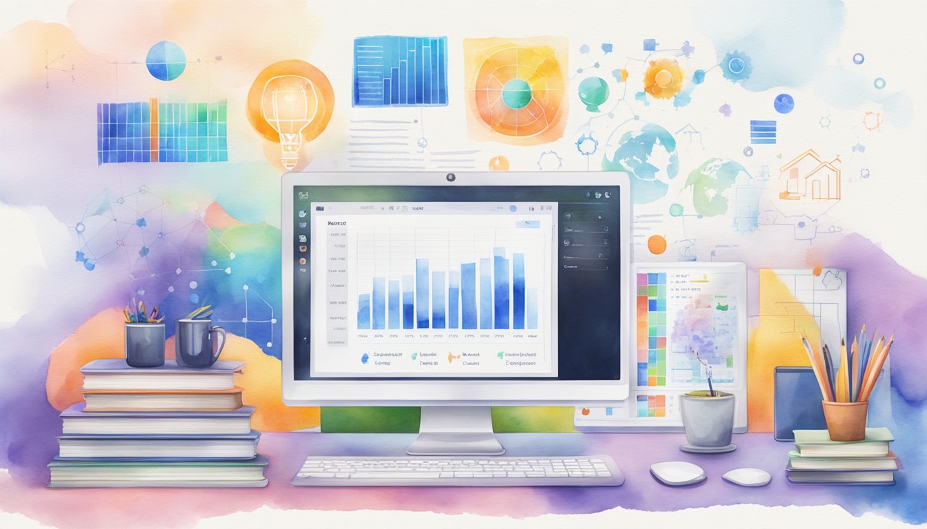 A computer with data science bootcamp logos on the screen, surrounded by books and a notebook with colorful charts and graphs