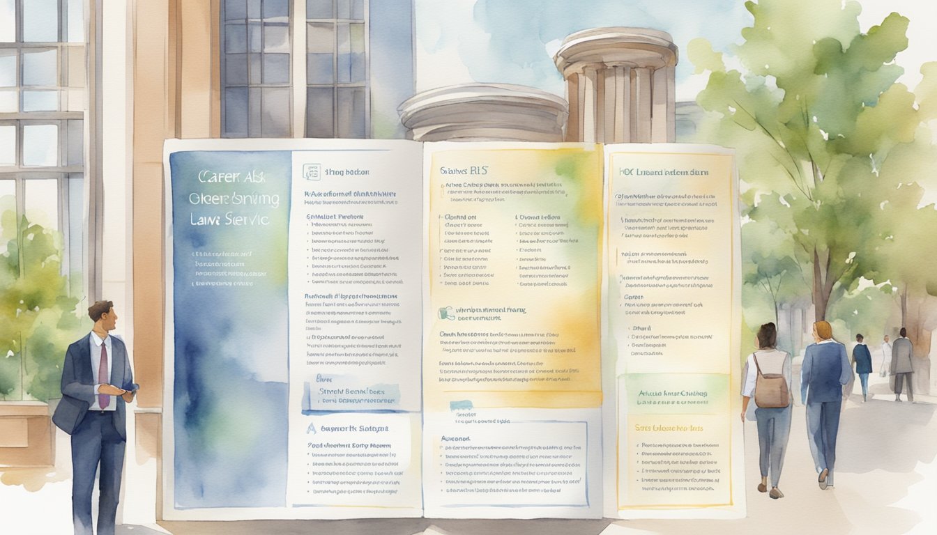 A law school brochure displays a list of career services with 9 questions to ask during a visit