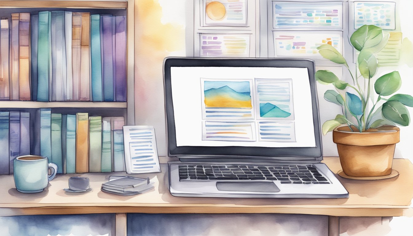 A computer desk with a laptop, notebook, and pen.</p><p>A whiteboard with data science concepts written on it.</p><p>A bookshelf filled with data science books