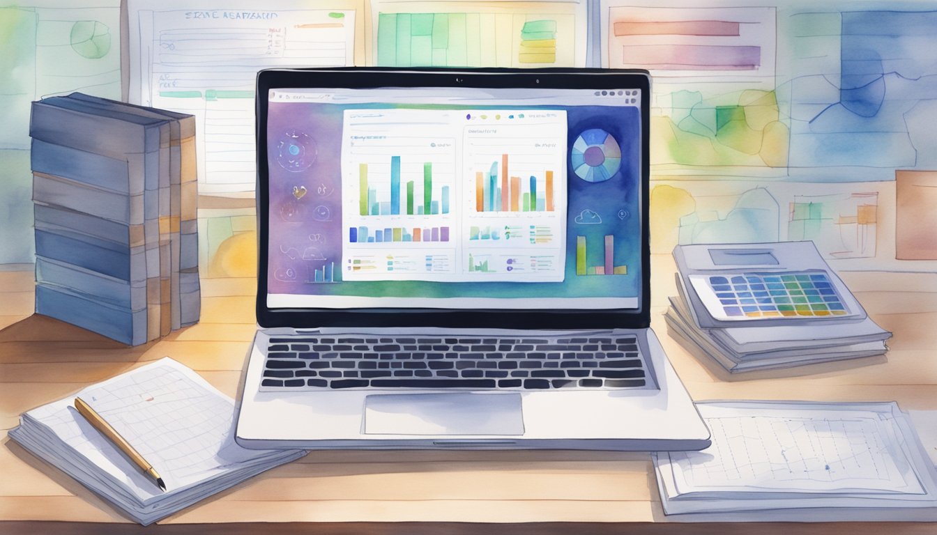 A laptop with code on screen, surrounded by data science books and a notepad.</p><p>Graphs and charts displayed on a nearby monitor