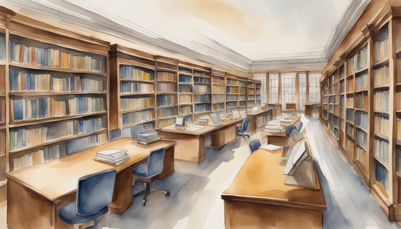 The library is filled with rows of law books, study carrels, and computer stations.</p><p>The walls are lined with legal journals and reference materials