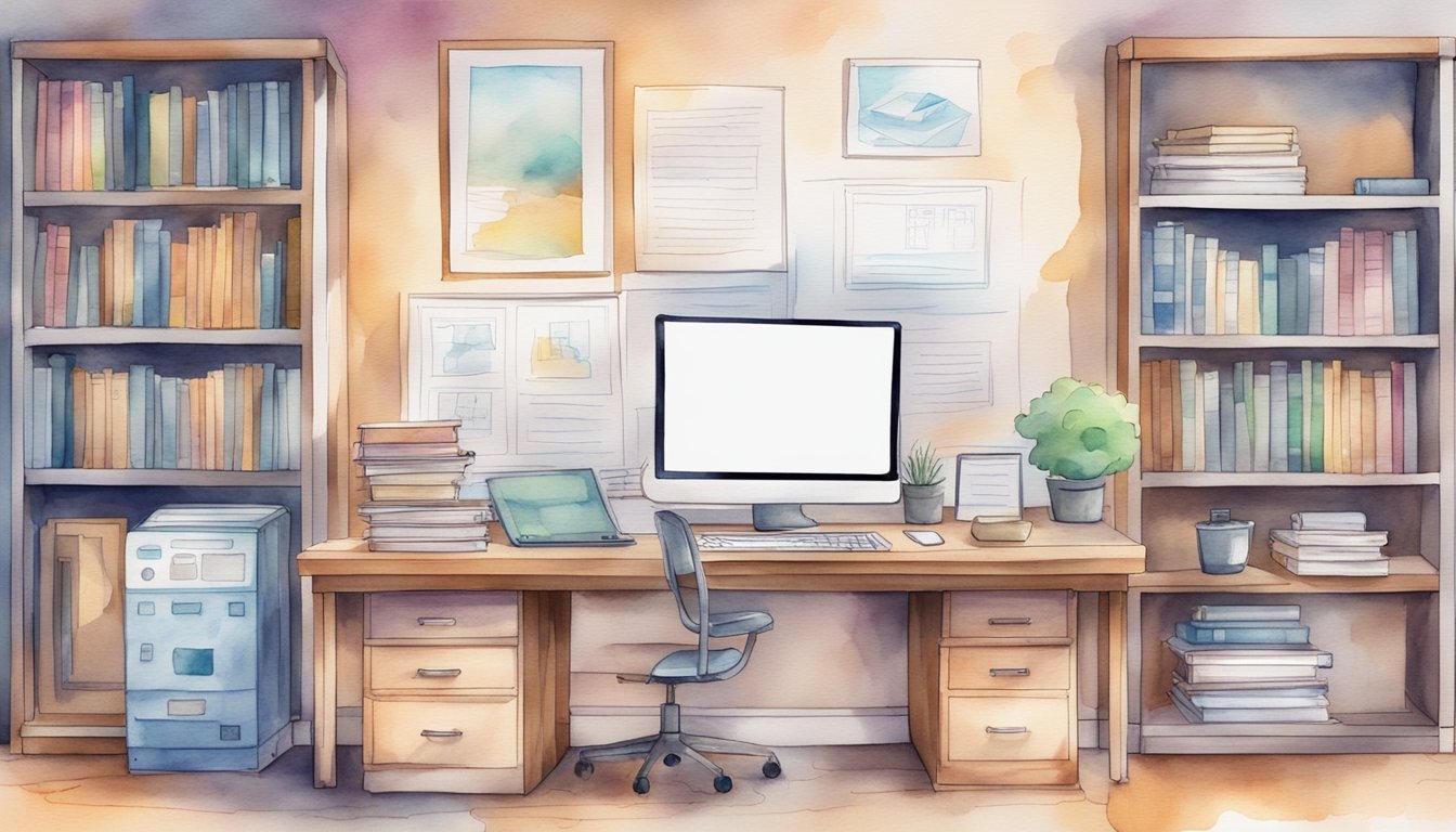 A desk with a computer, notebook, and pen.</p><p>A bookshelf with AI-related books.</p><p>A whiteboard with AI model concepts and diagrams