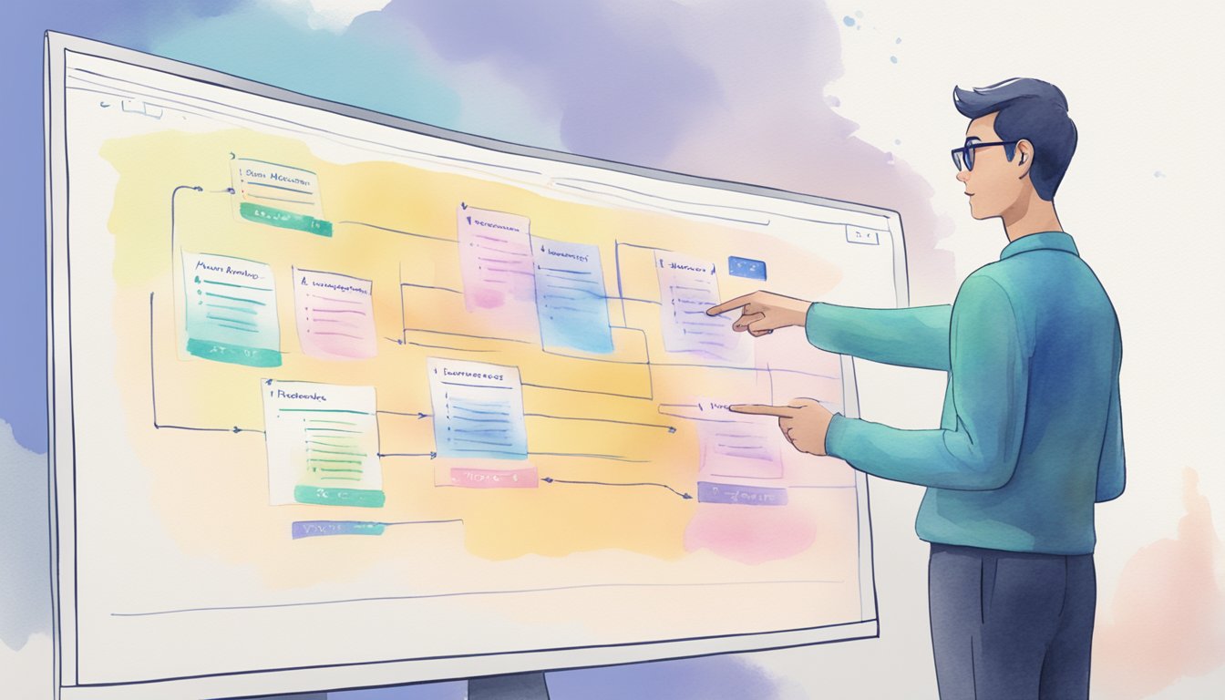 A person pointing to a flowchart of algorithms with a checklist of "8 Tips for Building Your First AI Model" on a computer screen