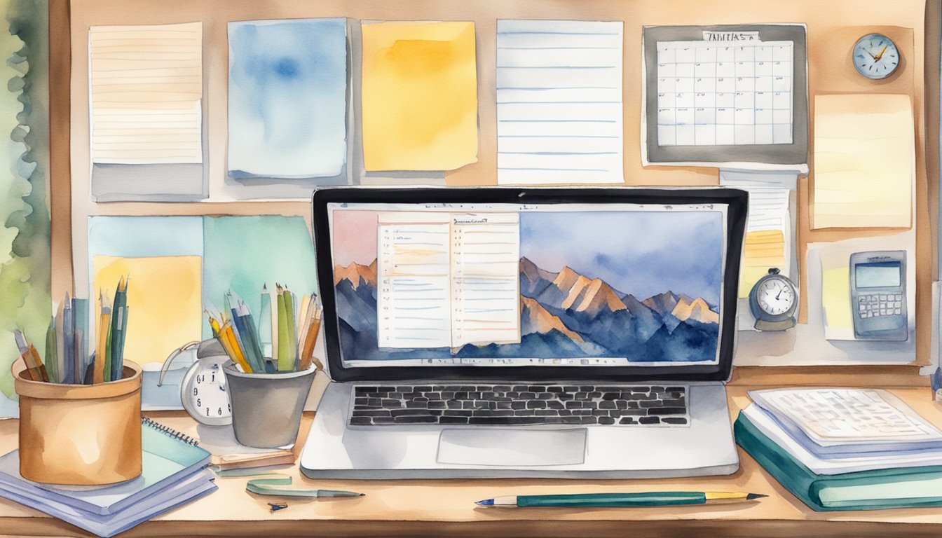 A cluttered desk with a laptop, textbooks, and a planner.</p><p>A clock on the wall shows the time, while a calendar marks important dates.</p><p>A to-do list and sticky notes cover the desk