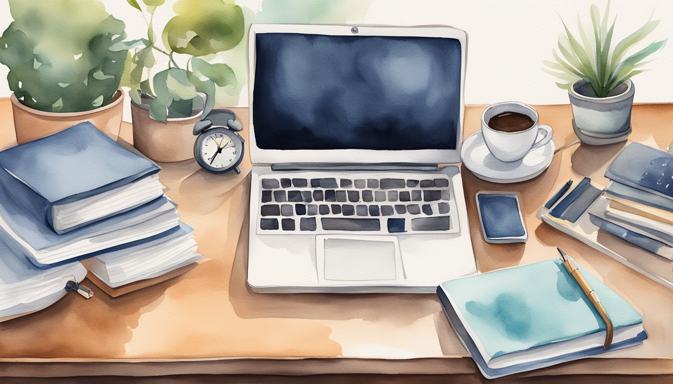 A desk with a laptop, textbooks, and notepads.</p><p>A calendar with deadlines and a clock showing a busy schedule.</p><p>An organized workspace with a cup of coffee for energy