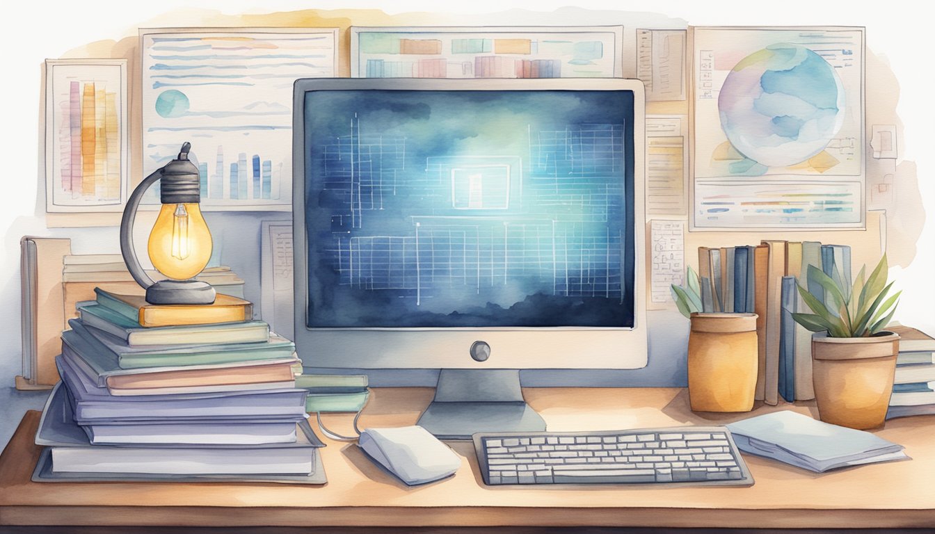 A computer with code on screen, surrounded by books and papers.</p><p>A light bulb symbolizes inspiration.</p><p>Data charts and graphs show progress