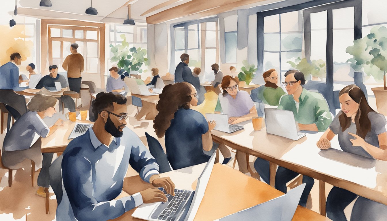 A group of people engage in conversation, exchanging contact information and discussing strategies for balancing work and business school.</p><p>Tables are filled with laptops, notebooks, and coffee cups as the atmosphere buzzes with collaboration