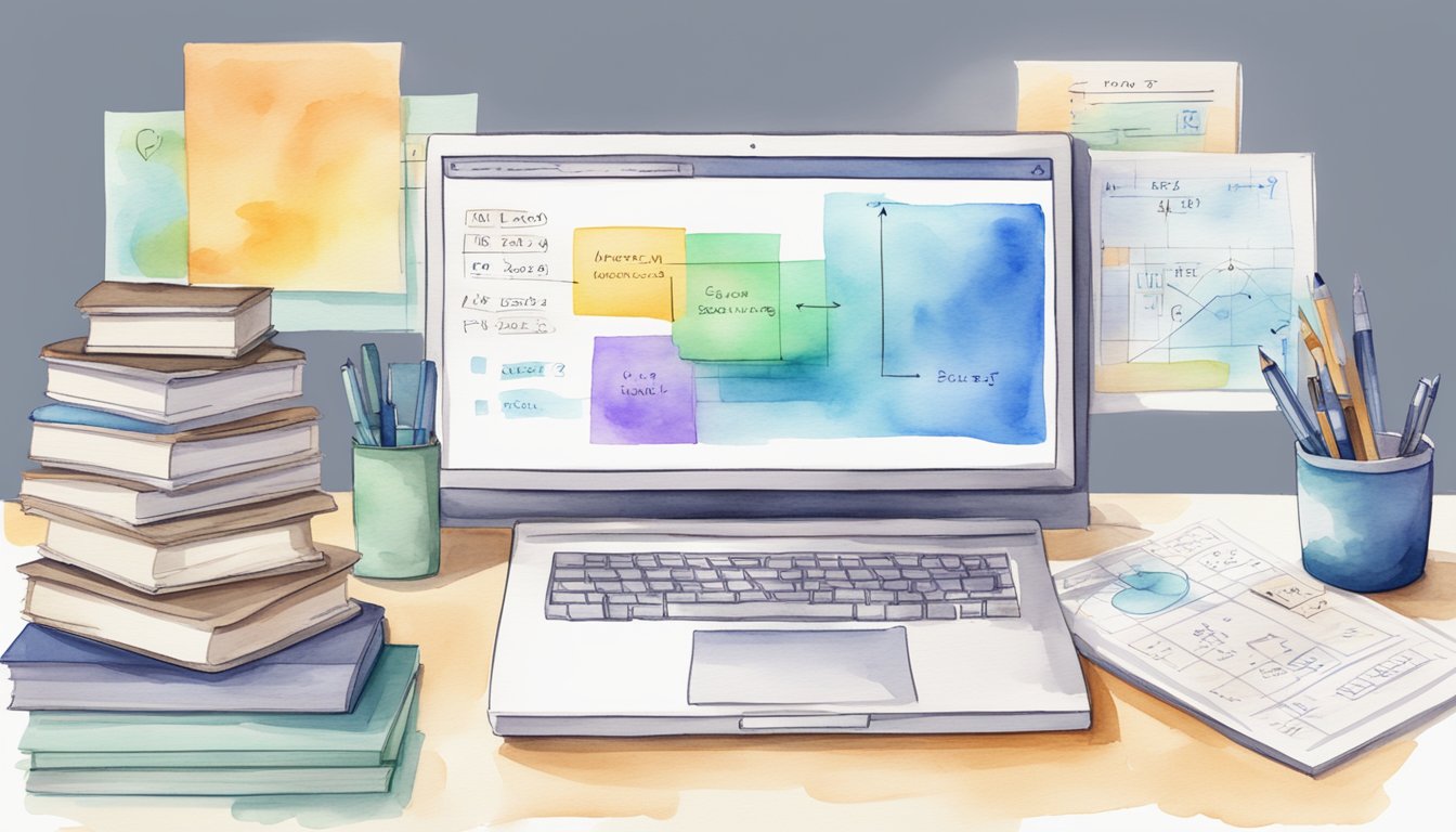 A computer screen displaying a simple AI model flowchart, surrounded by books and papers with equations and diagrams.</p><p>A pen and notebook sit nearby, ready for note-taking