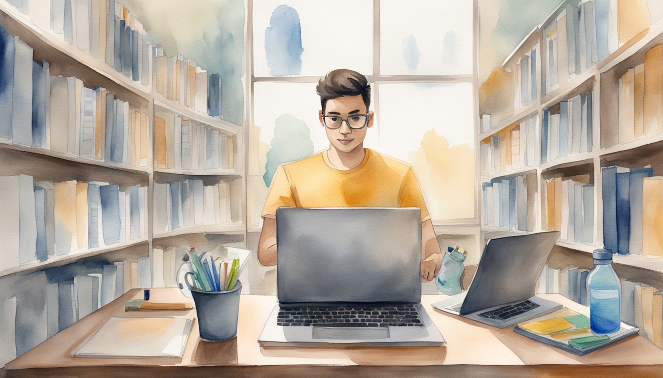 A person juggling work and business school while exercising, with a laptop on one side and textbooks on the other, with a stopwatch and water bottle nearby