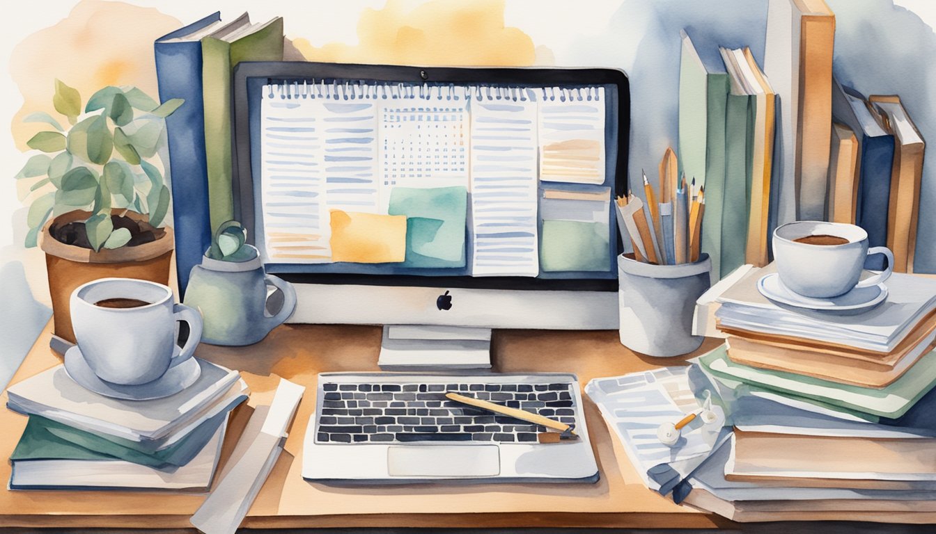 A desk cluttered with textbooks, a laptop, and coffee mugs.</p><p>A calendar filled with deadlines and meetings.</p><p>A person juggling work and business school materials