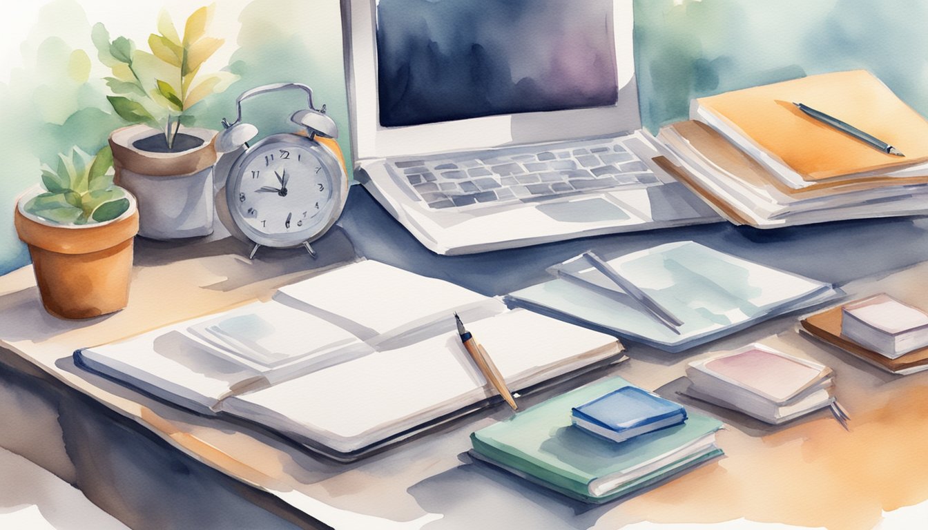 A desk with a laptop, planner, and clock.</p><p>A to-do list and textbooks are neatly organized.</p><p>A calendar with deadlines and study schedule is visible