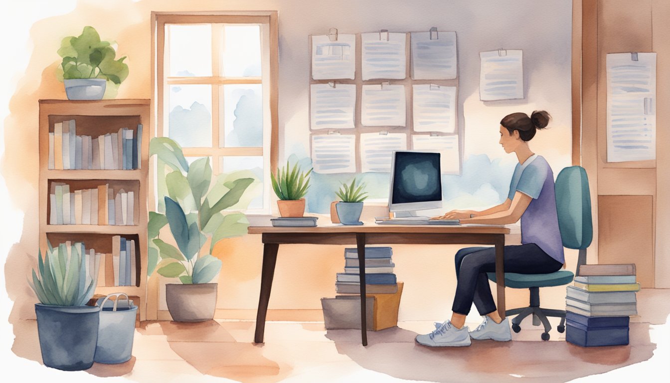 A person works at a desk with a laptop and a stack of textbooks.</p><p>A calendar on the wall shows a balance of work and personal events.</p><p>A yoga mat and running shoes sit in the corner