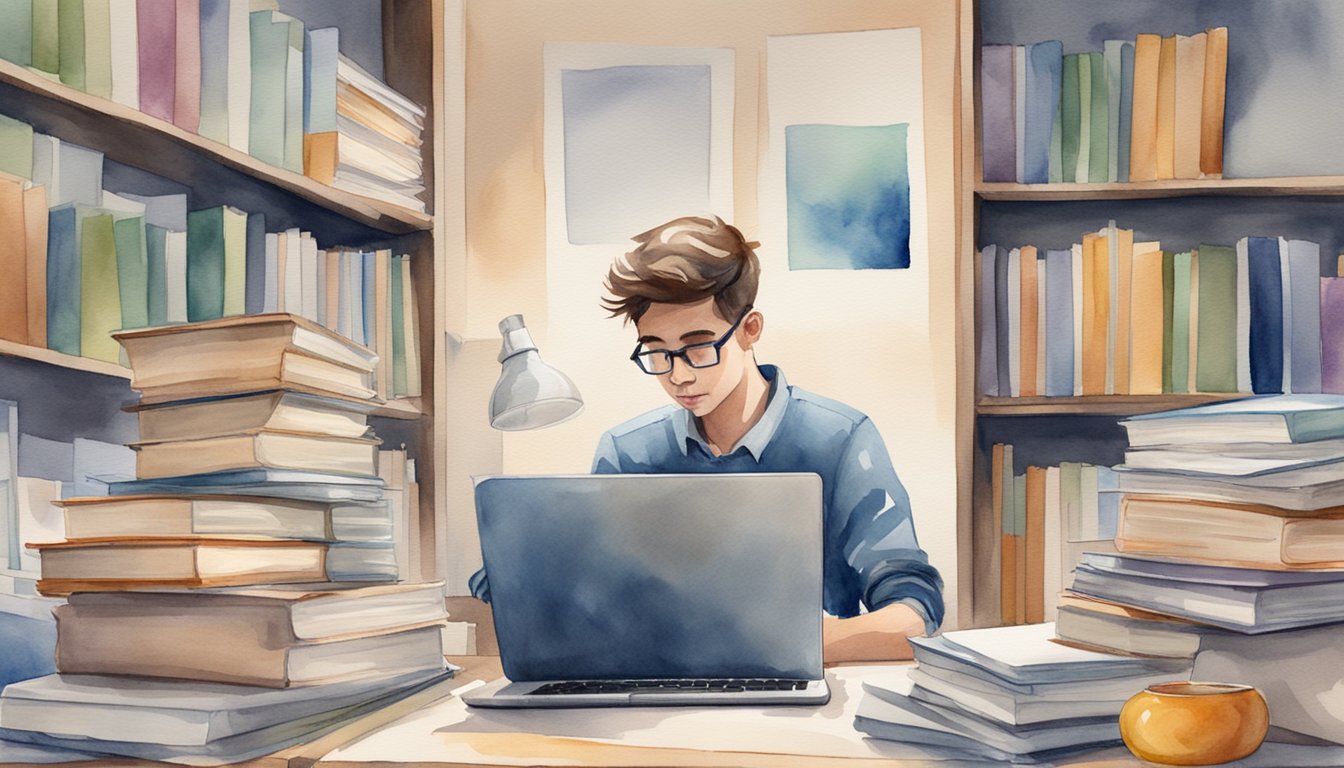 A student sits at a desk surrounded by textbooks, a laptop, and business documents.</p><p>They are juggling work and school resources, trying to find balance