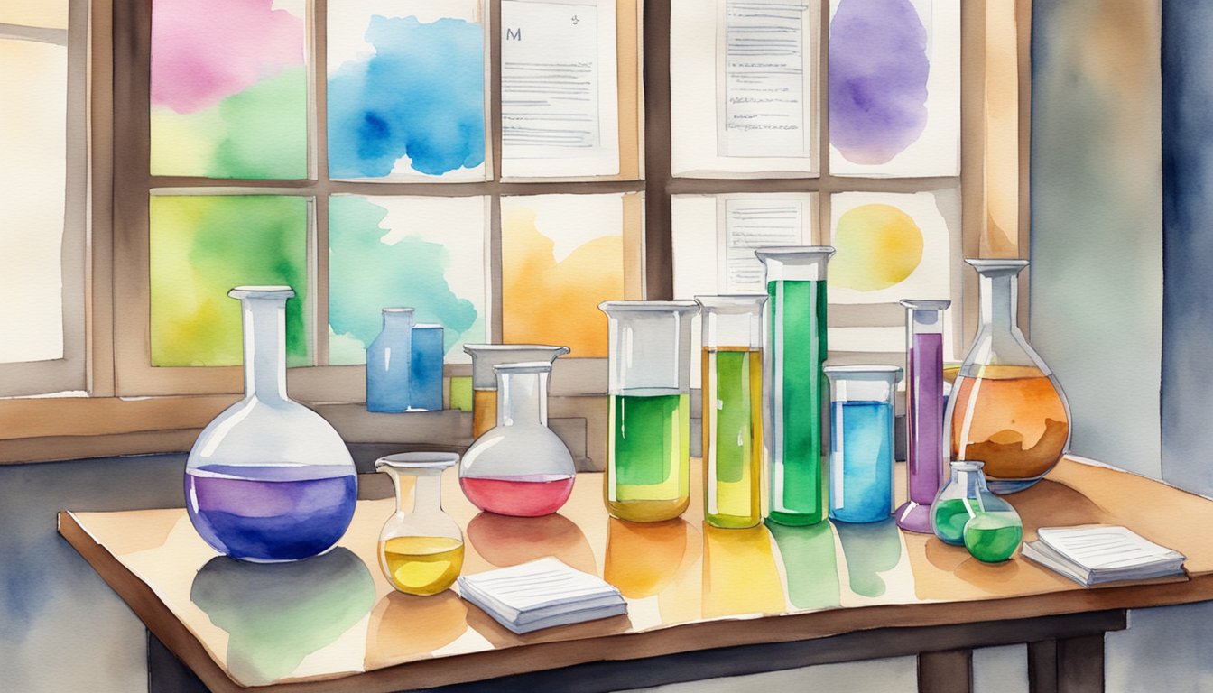 A table with science experiment materials, books on STEM topics, and a colorful poster of the periodic table on the wall