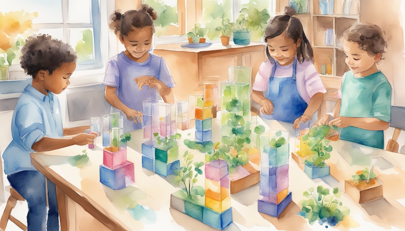 Children conducting STEM activities at home: building structures with blocks, experimenting with water and gravity, planting seeds, and using simple machines