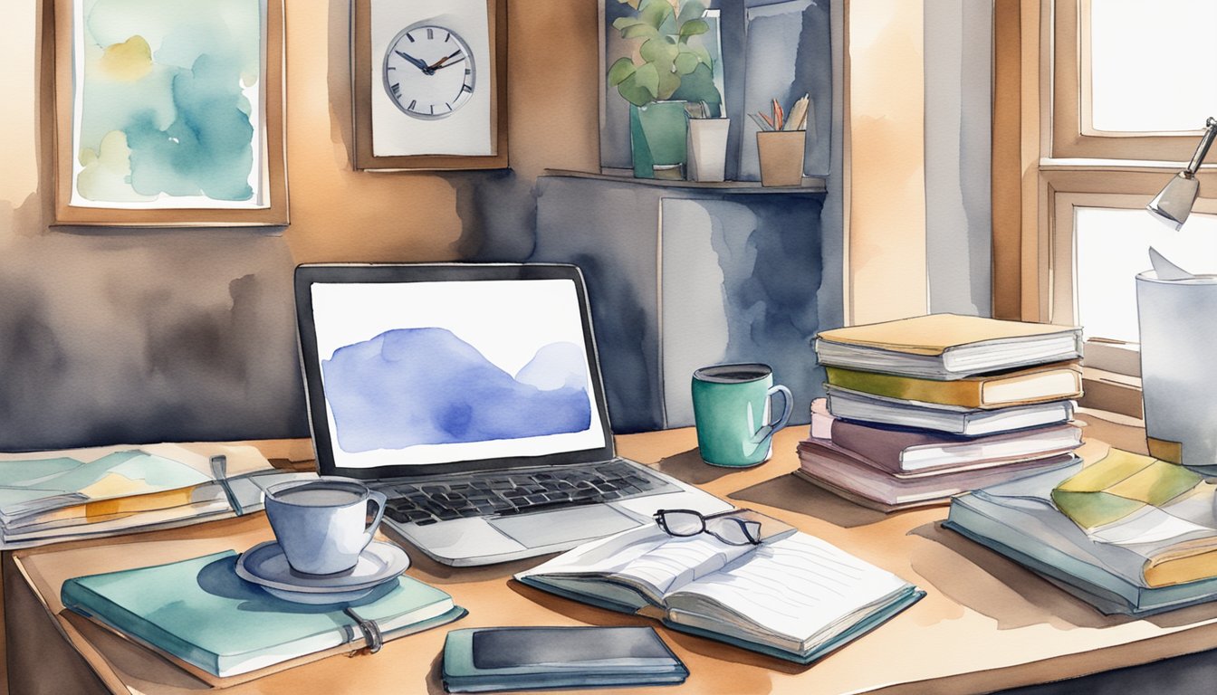 A cluttered desk with a laptop, law textbooks, and a planner.</p><p>A clock on the wall shows the time.</p><p>A cup of coffee sits nearby