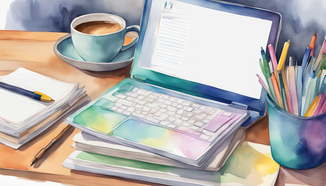 A cluttered desk with law textbooks, a laptop, and colorful folders.</p><p>A calendar and to-do list hang on the wall.</p><p>A cup of coffee sits next to a stack of papers