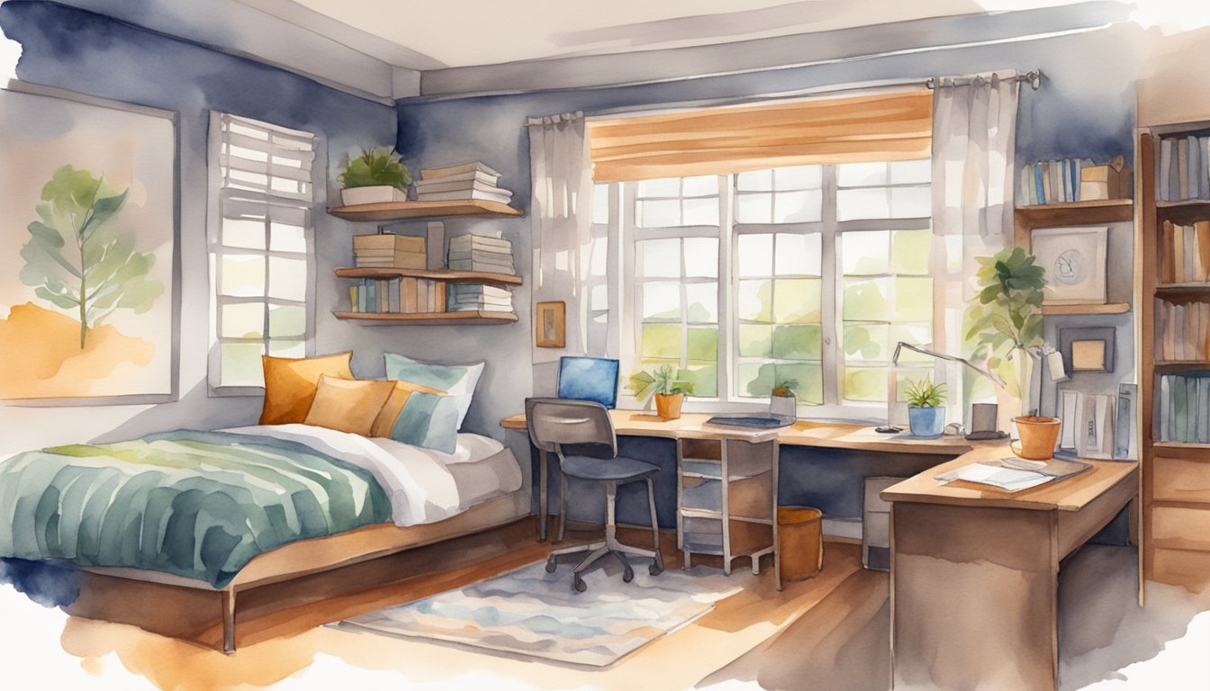 A college dorm room with a cozy bed, study desk, and storage solutions.</p><p>Close proximity to campus facilities and public transportation.</p><p>Bright and welcoming atmosphere with natural light and modern decor