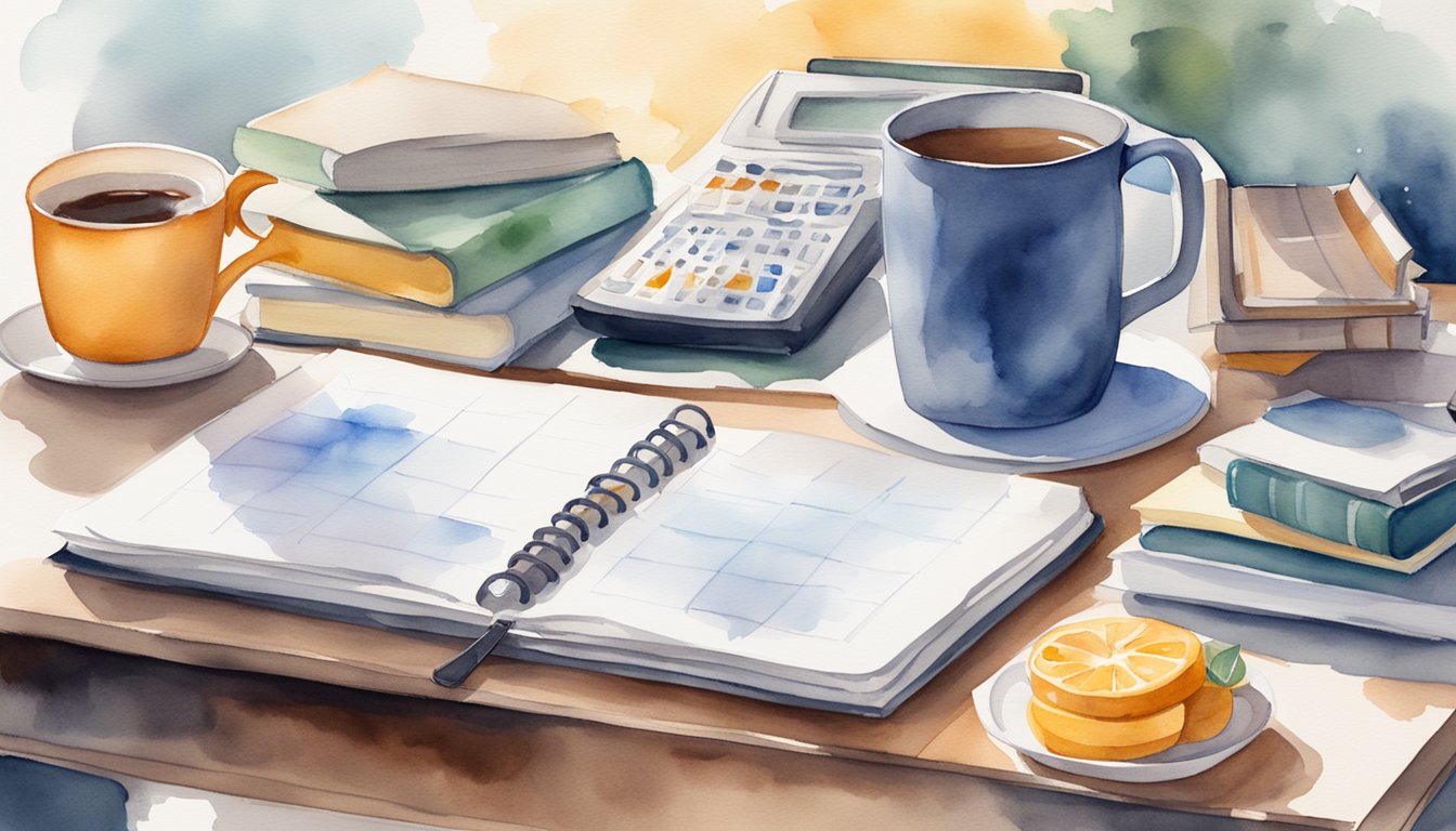 A cluttered desk with law books, laptop, and a timer set for a break.</p><p>A calendar with study and relaxation time blocked out.</p><p>A mug of tea and a healthy snack nearby