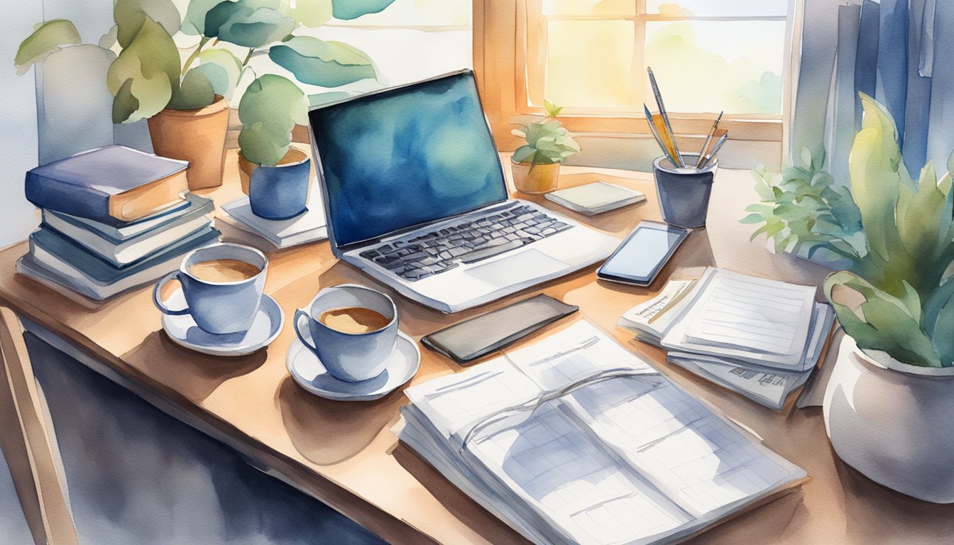 A desk with a laptop, law textbooks, and a calendar.</p><p>A phone with notifications.</p><p>A cup of coffee.</p><p>A stack of papers labeled "assignments"